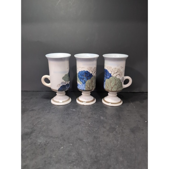 Otagiri Irish Mugs, Vintage Japan Pedestal Cups, Birds‎ and Trees Set, Set of 3 - Picture 1 of 9